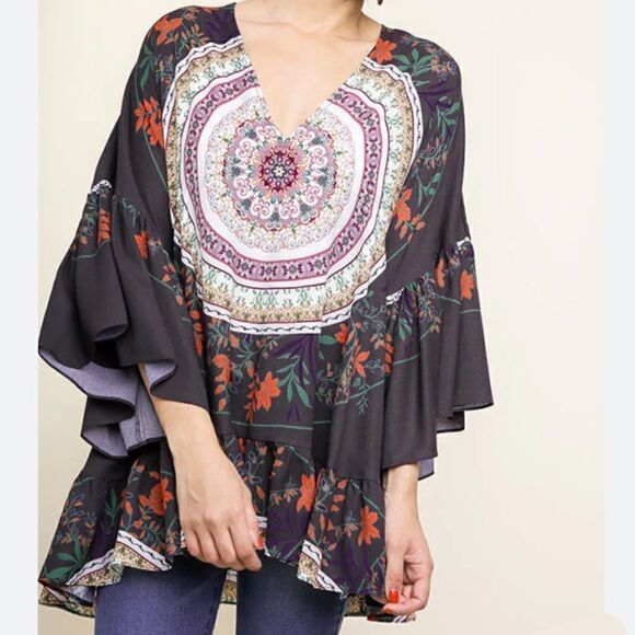 Umgee Oversized Medallion Floral V-Neck Ruffled Sleeves Tunic Women’s Medium - Picture 3 of 12